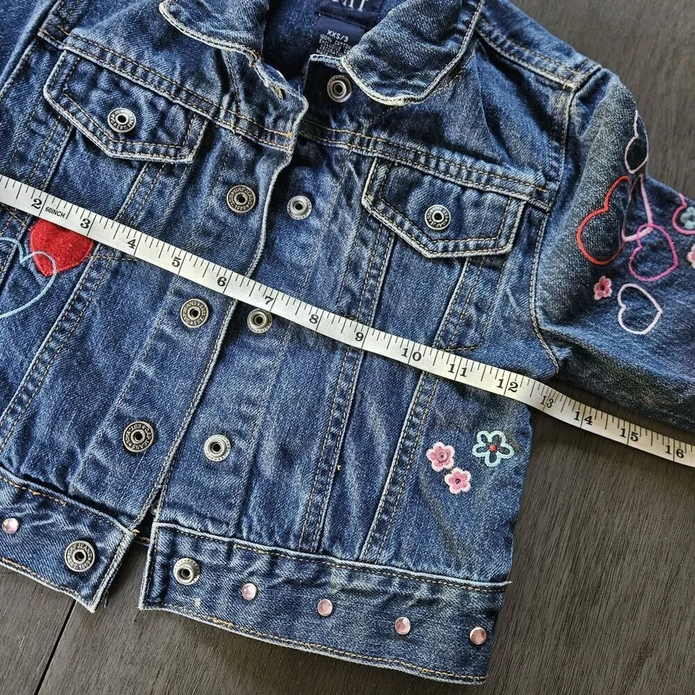 GAP Kids Jean Jacket Girls Size XXS 3 Embroidered Hearts Love Rhinestones